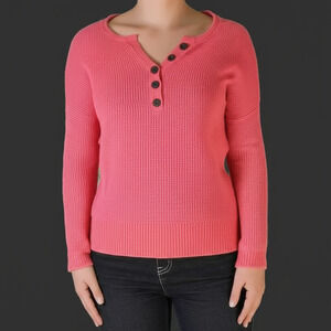 American Eagle‎ Womens Waffle Knit Henley Top Size M Pink Coral Button Front